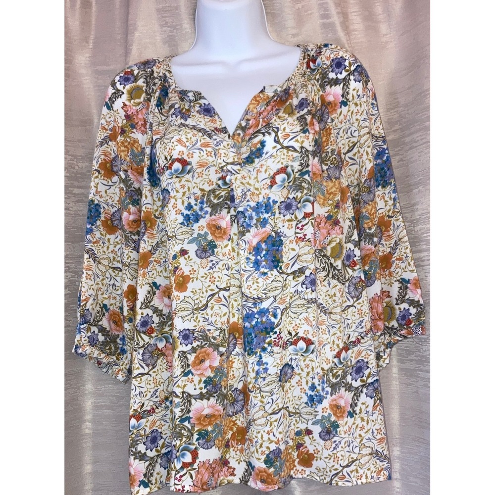 Ava Christine Floral Print V Neck 3/4 Sleeve Boho Blouse‎ Women's